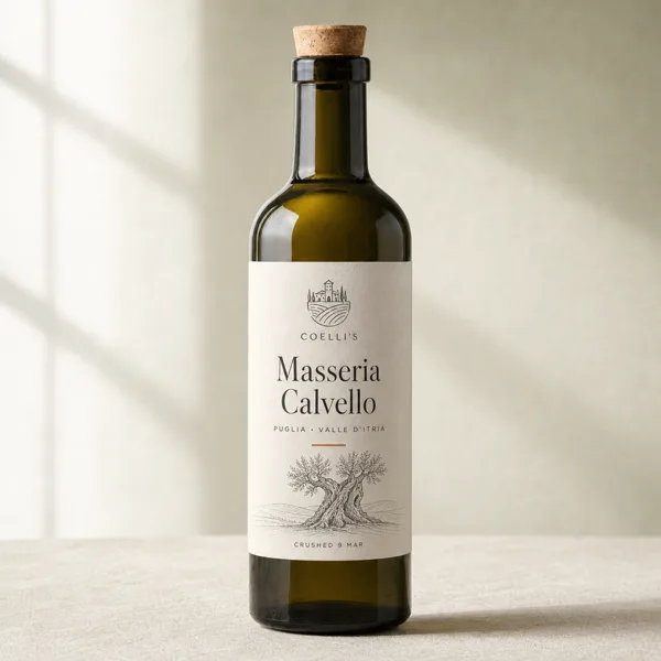 Bottle of Coelli's Masseria Calvello olive oil, Puglia