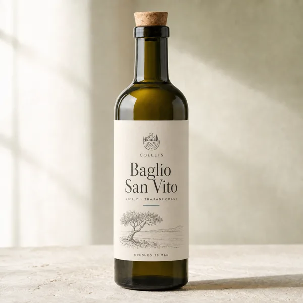 Bottle of Coelli's Baglio San Vito olive oil, Sicily