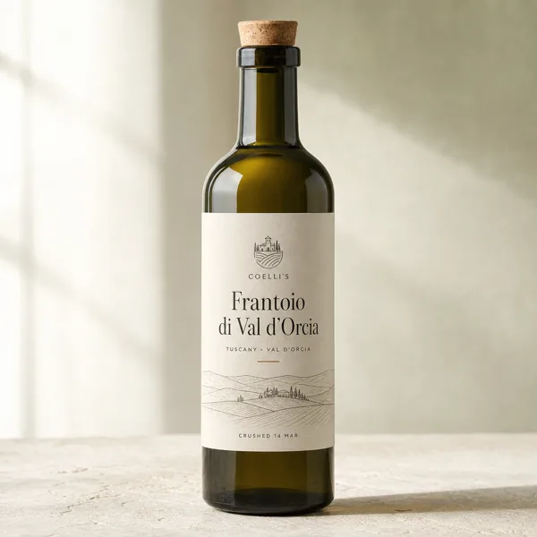 Bottle of Coelli's Frantoio di Val d'Orcia olive oil, Tuscany