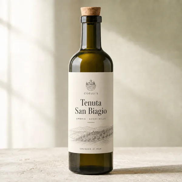 Bottle of Coelli's Tenuta San Biagio olive oil, Umbria